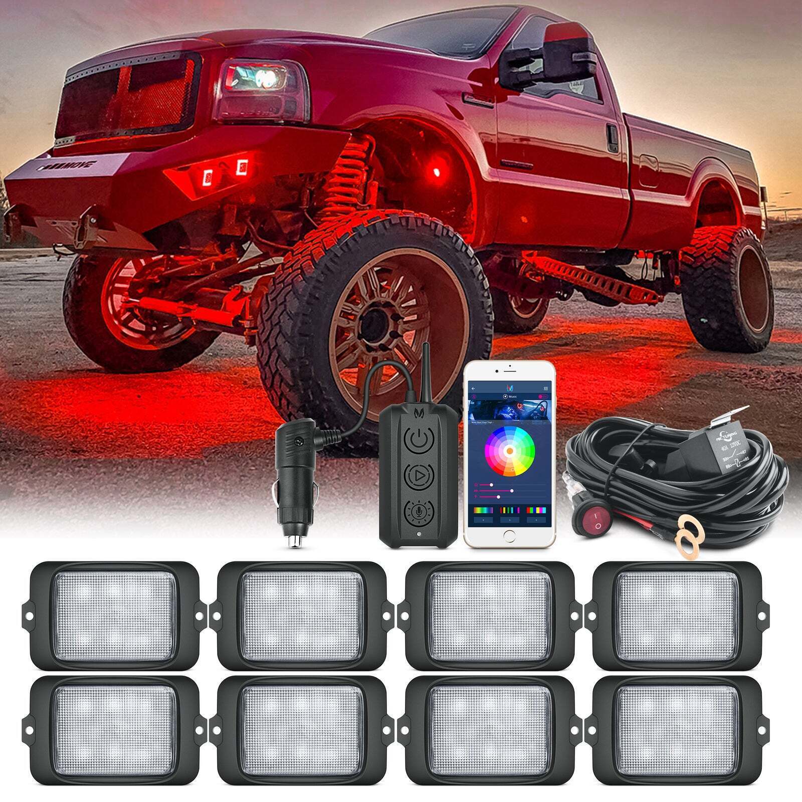 MICTUNING RGBW LED Rock Lights Kits 8 Pods Wireless Control Car Underglow Lights