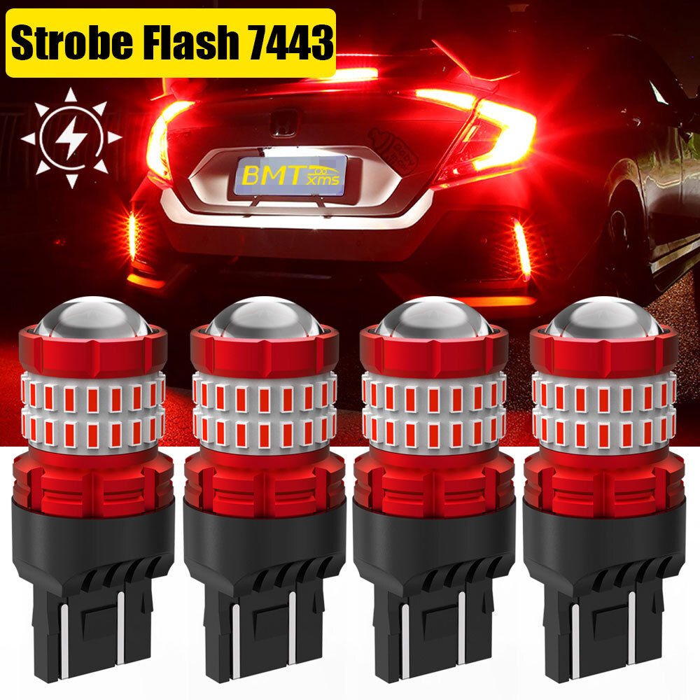 4X 7440 7443 RED Flash Strobe Blinking Brake Tail Stop Light LED Bulb For Honda
