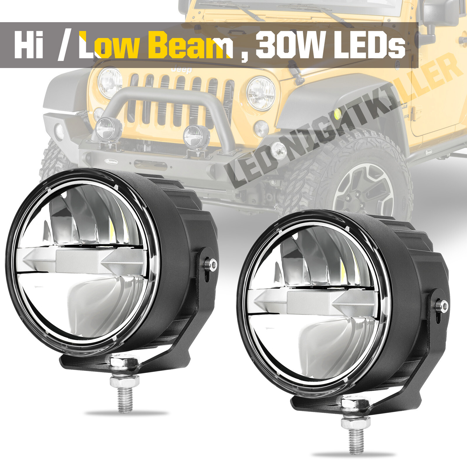 2X 4″ 60W Round LED Off Road Driving Spot Lights Pods Hi/Low Headlights Fog 3.5″
