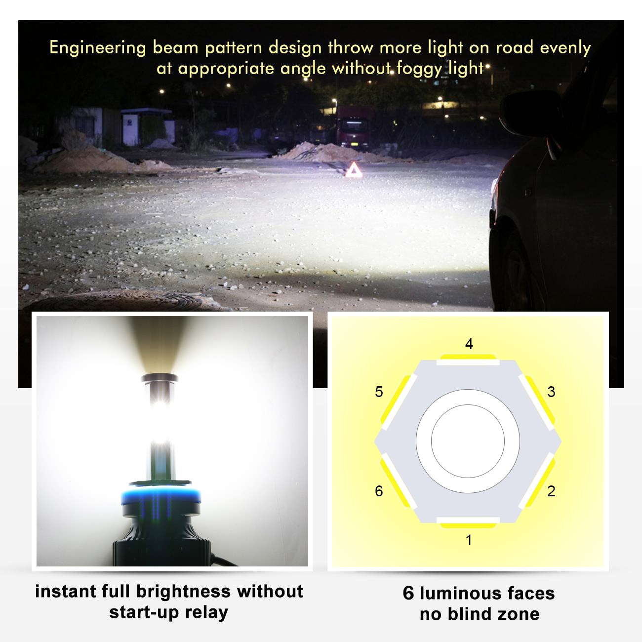 6-Sides H11 H9 H8 LED Headlight Super Bright Bulbs Kit White High/Low Beam 6500K
