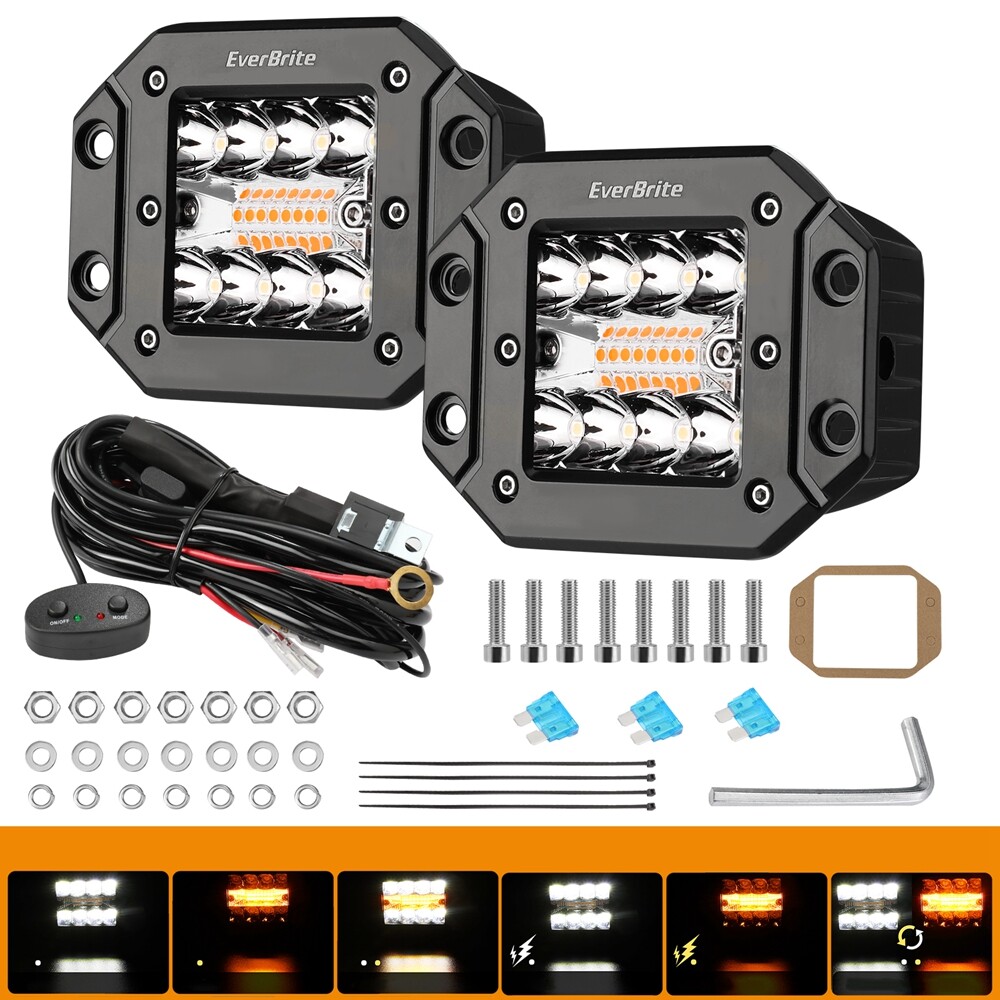 2PCS 48W LED Light Pods Spot Flood White Amber Strobe Off Road Fog Driving Light