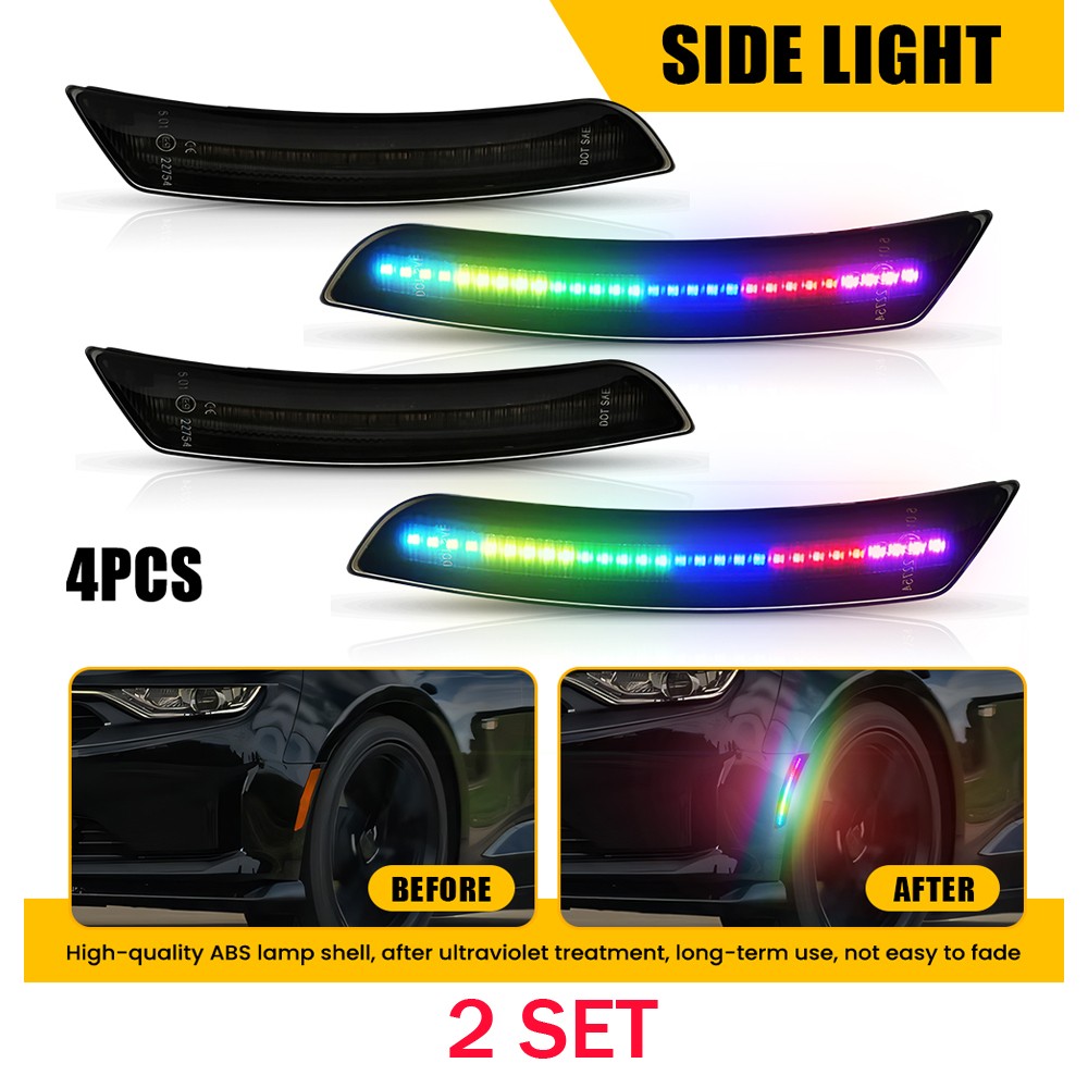 20896549 Fit 16-23 Chevy Camaro Smoked LED Side Marker Colorful Flowing Light 8X