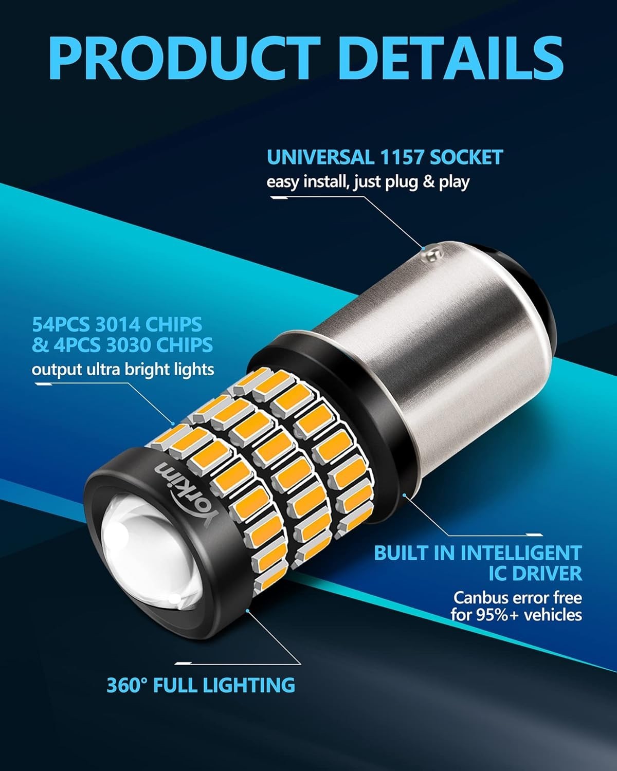 Bright Amber 1157 LED Bulbs, 400% Brighter Replacement for Turn Signals – 2 Pack
