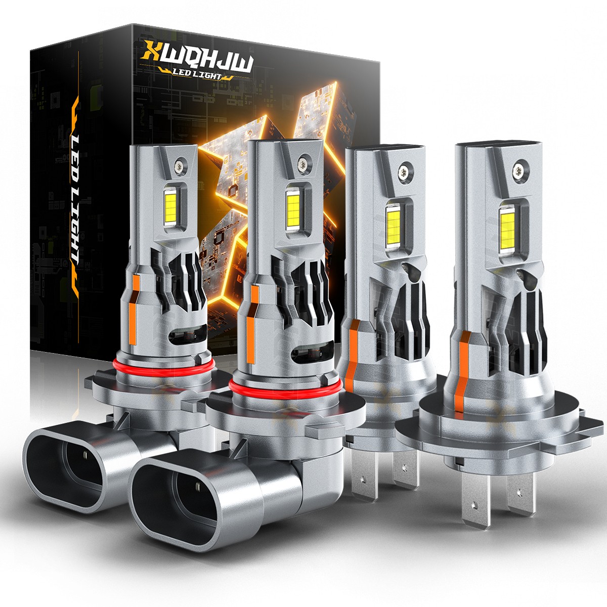 9005 H7 Combo Front LED Headlights Bulbs Kit High Low Beam 6000K White 4pcs