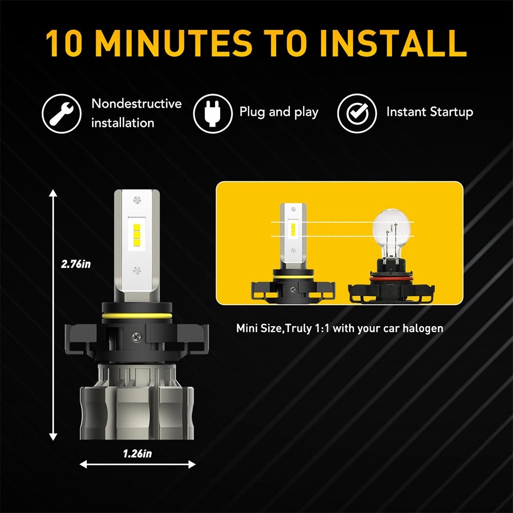 AUXITO H16 5202 LED Front Fog Light Bulbs 6500K Clear White Kit 48W Fanless PF2