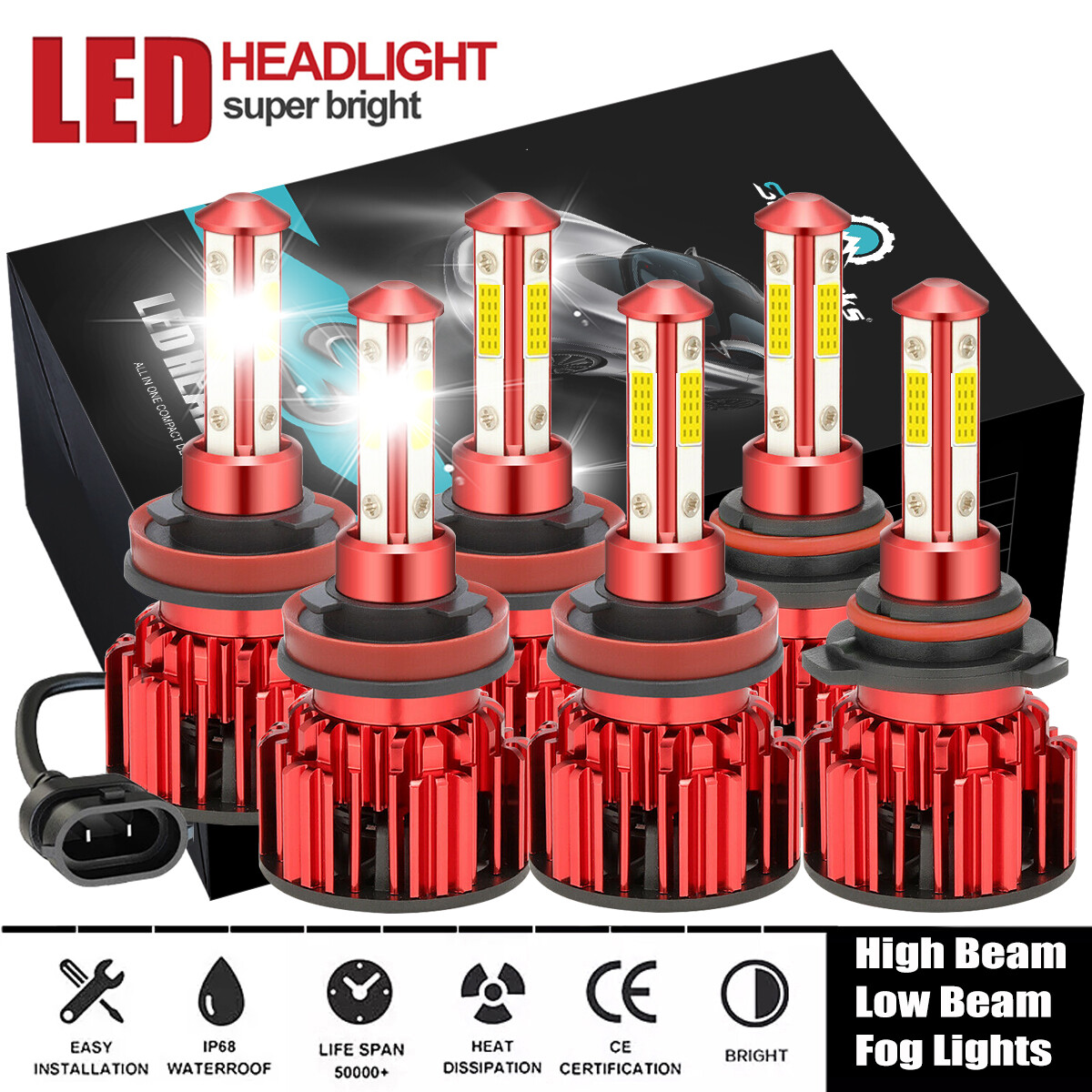 6X 9005 H11 H11 Combo LED Headlight High Low Beam Fog Light Bulbs Kit 360W 6000K
