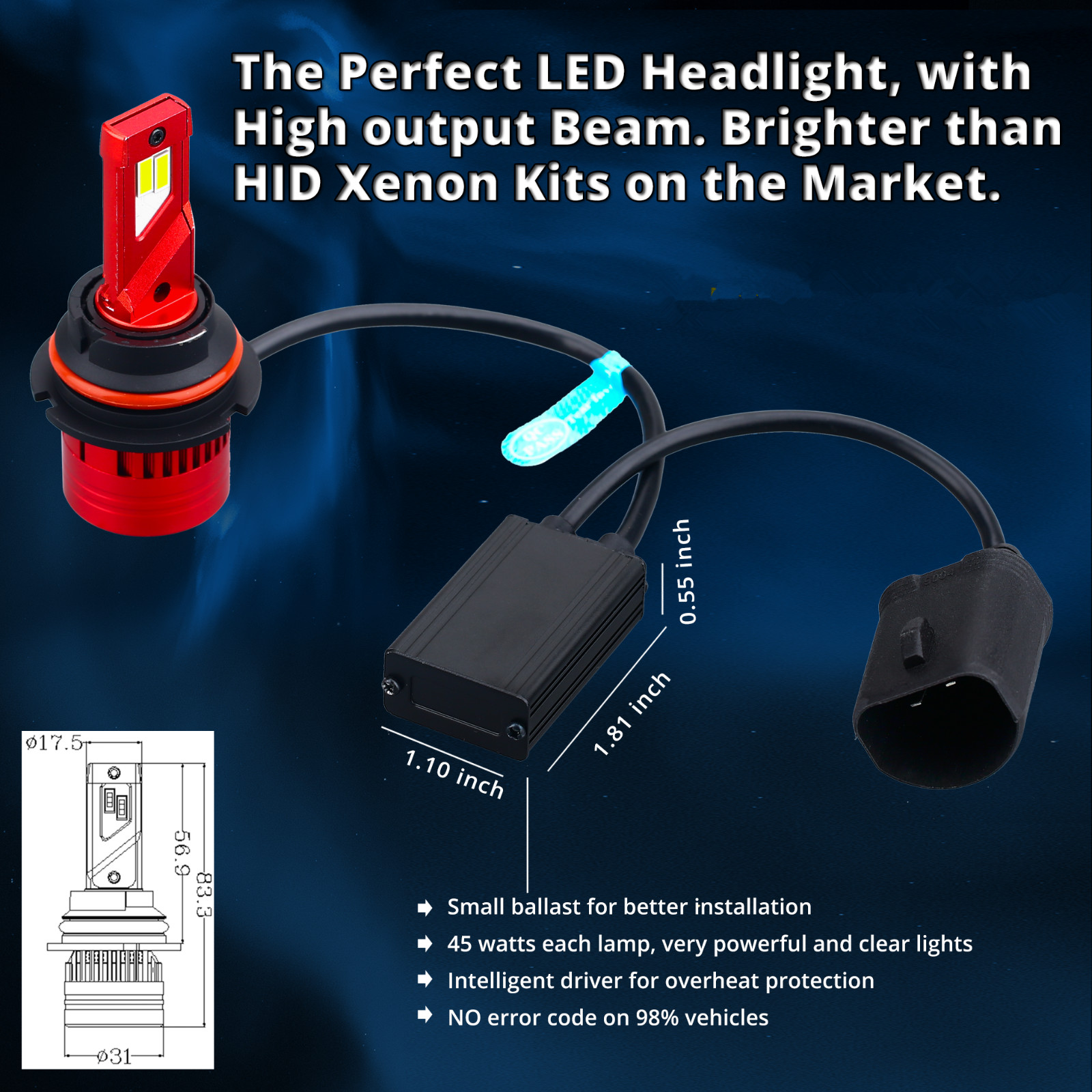 Alla Super Bright LED Pure White 9004 Headlight Bulb Replacement, Light on Road