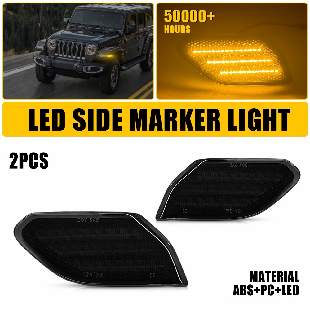 2Pcs Front Left Right Smoked LED Fender Side Marker Lights For 18+ JL / 20+ JT