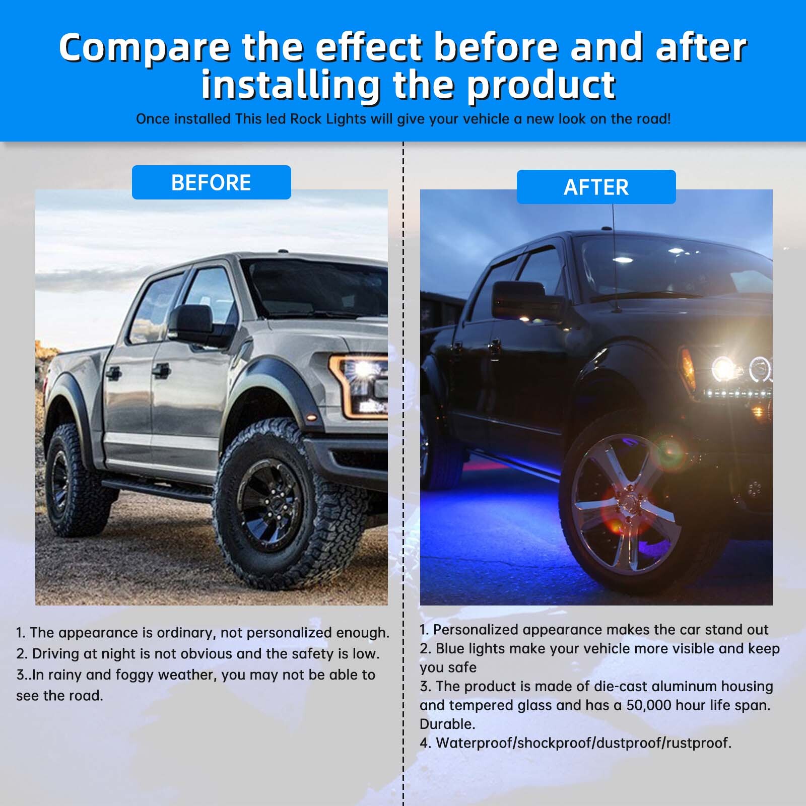 Blue 4 Pods LED Rock Lights Underbody Lamp For Yamaha Raptor 700 R YFM350 YFZ50