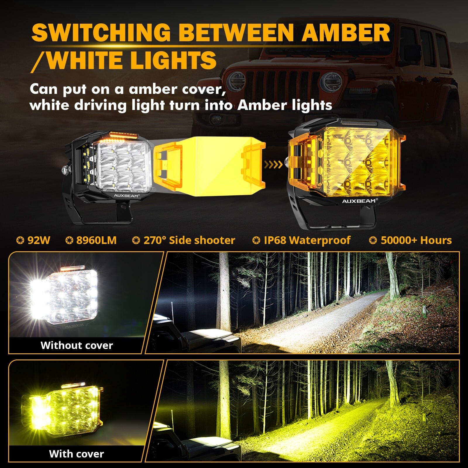 AUXBEAM 2X 5″ LED Side Shooter V-max Combo Beam Led Pod Lights DRL +Amber Cover