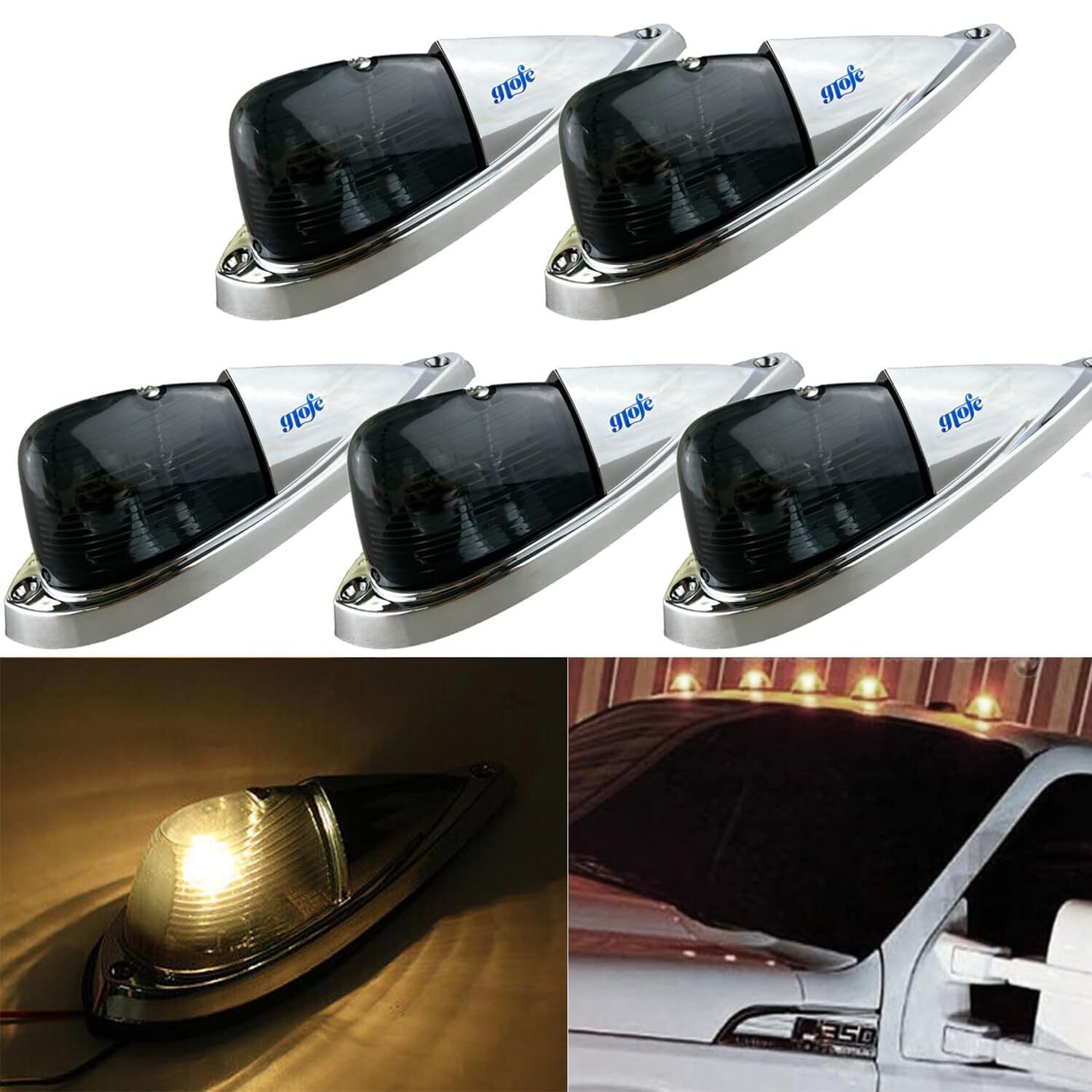 5X Smoke Lens Amber Light Cab Marker Roof Running Lights Kit, Teardrop Style,