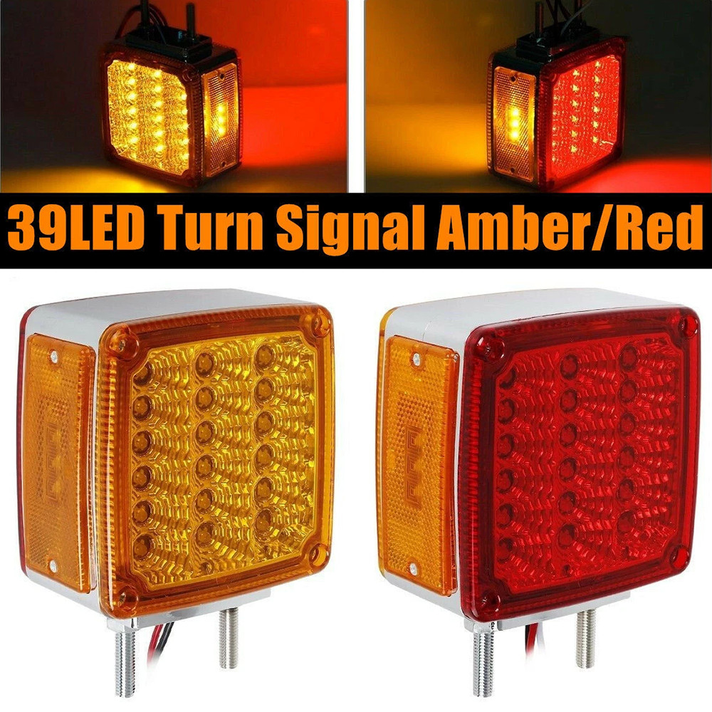 2X Amber+Red Square 39LED Double Face Stud Mount Cab Fender Turn Signal Lights