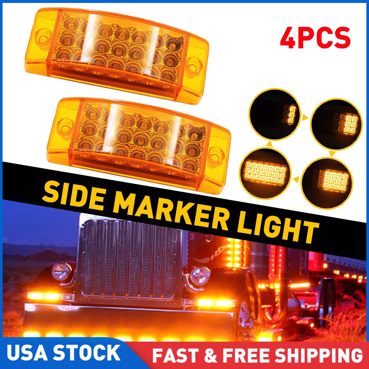 4Pcs 6″Amber 20-LED Clearance Side Marker Lights Truck Trailer Turn Signal Light