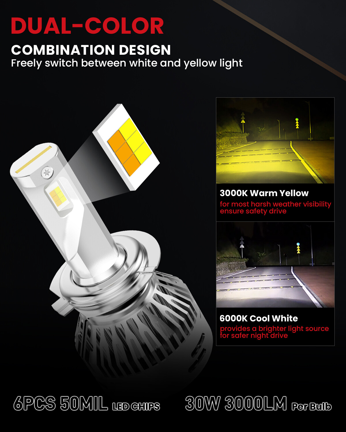Lasfit Pair H7 LED Headlight Bulbs Low Beam Switchback Dual Color Amber White