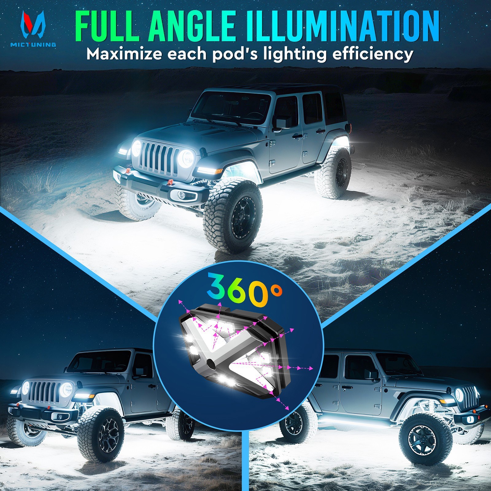 MICTUNING 16 Pods RGBW LED Rock Lights APP Control 4-Side LED Underglow Neon Kit