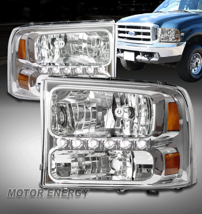FOR 99-04 FORD F250 F350 SD/00 EXCURSION CRYSTAL LED CHROME HEADLIGHTS HEADLAMPS