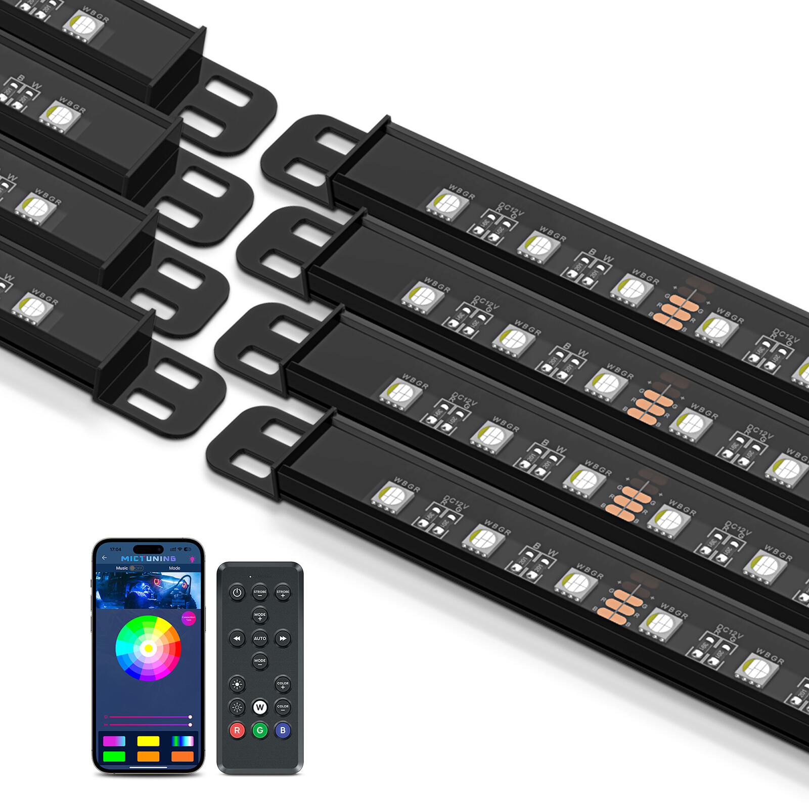 MICTUNING 8pc N8 RGBW Underglow LED Light Bar Strips Kit for Car Wireless Remote