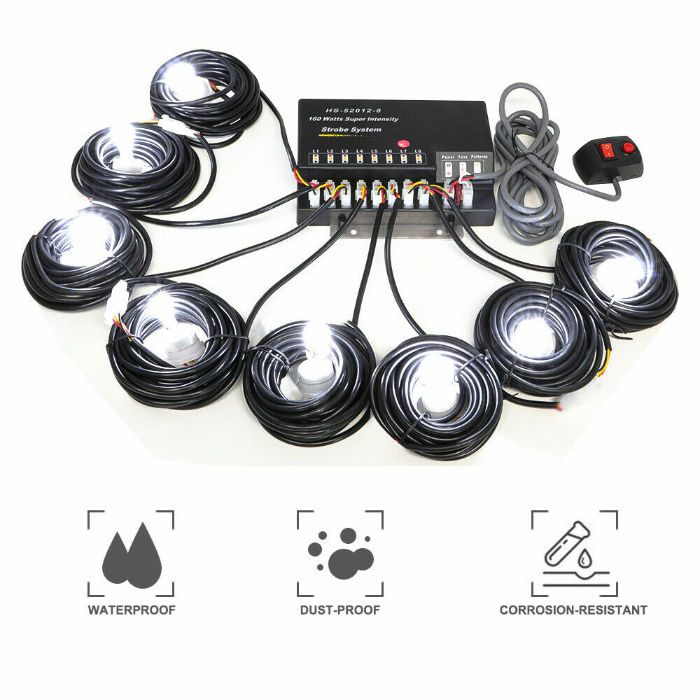 160W 8 HID Bulbs Hide Away Hazard Emergency Warning Strobe Light Headlight WHITE