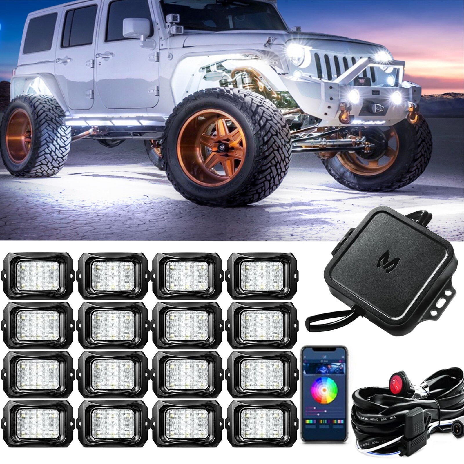 MICTUNING 16 Pods Q1 RGBW LED Rock Lights,Multicolor Underglow Remote Controller