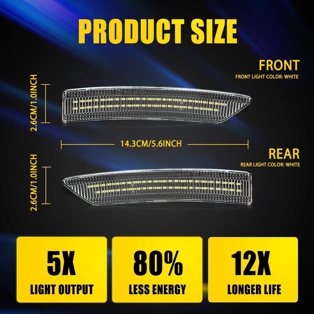 4Pc For Ford Mustang 24-25 White LED Front&Rear Bumper Side Marker Lights Clear`