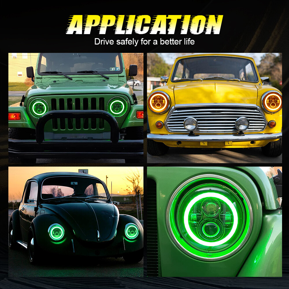 Pair 7Inch LED Headlights Green Halo For 1953-1977 Ford F-100 F-250 F-350 Pickup