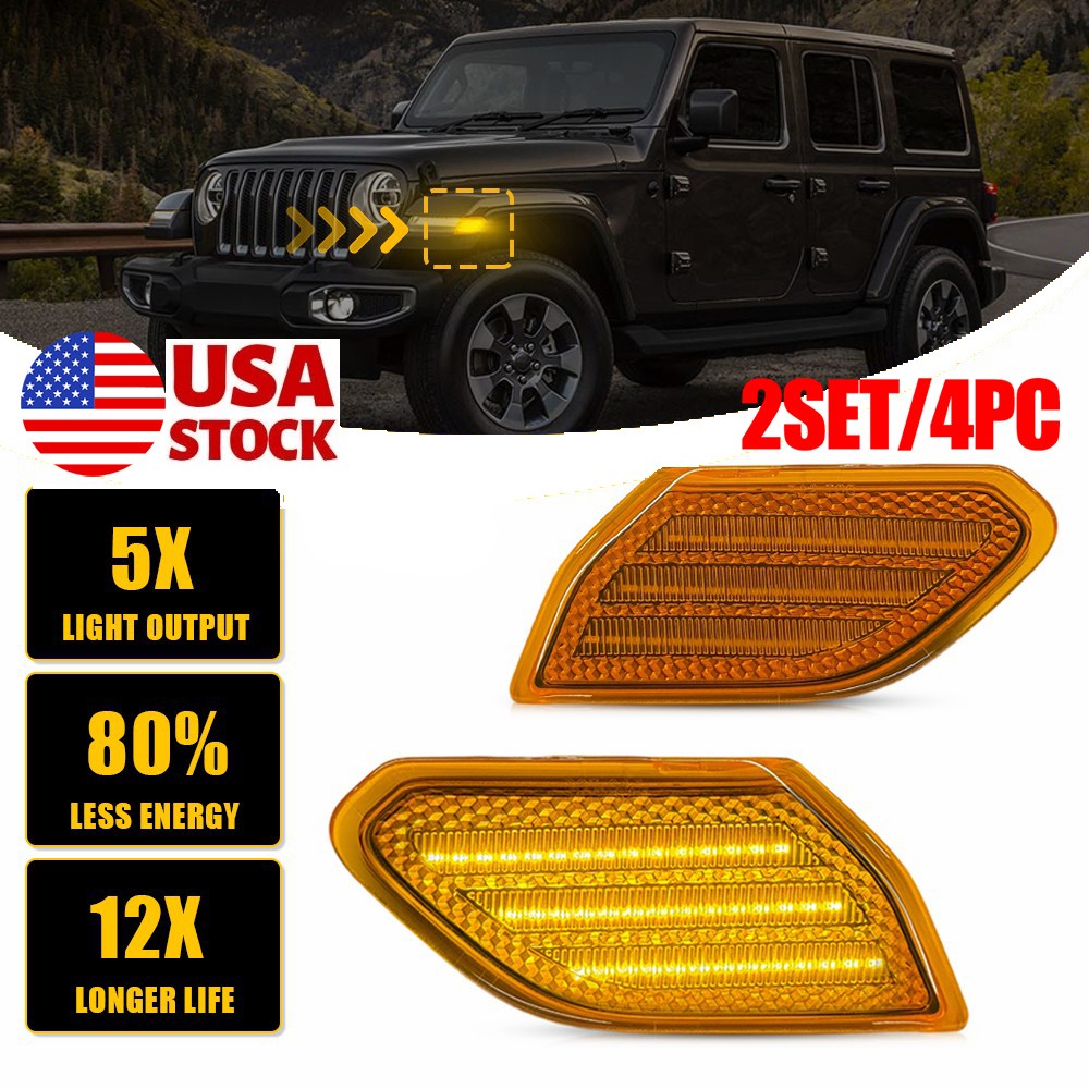 4PC Front Fender LED Side Marker Light Amber For 18+ Jeep Wrangler JL/Gladiator