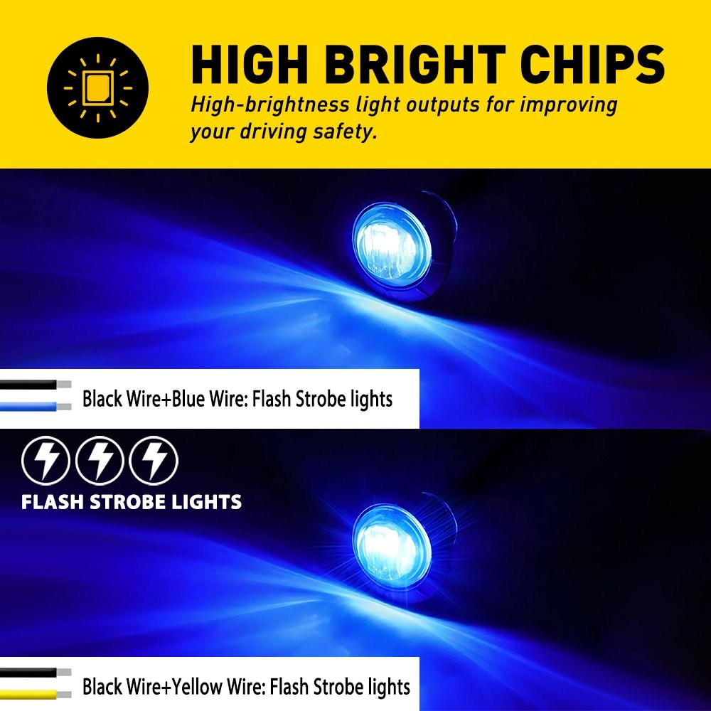 20X 3/4″ Inch Blue LED Dual Strobe Steady Marker Lights 12V Waterproof IP67 EPY
