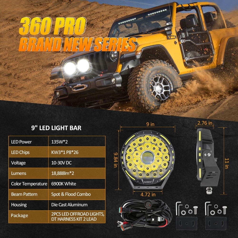 AUXBEAM 360-PRO 720W 9″INCH Round LED Work Light Bar w/Amber Covers For Jeep ATV