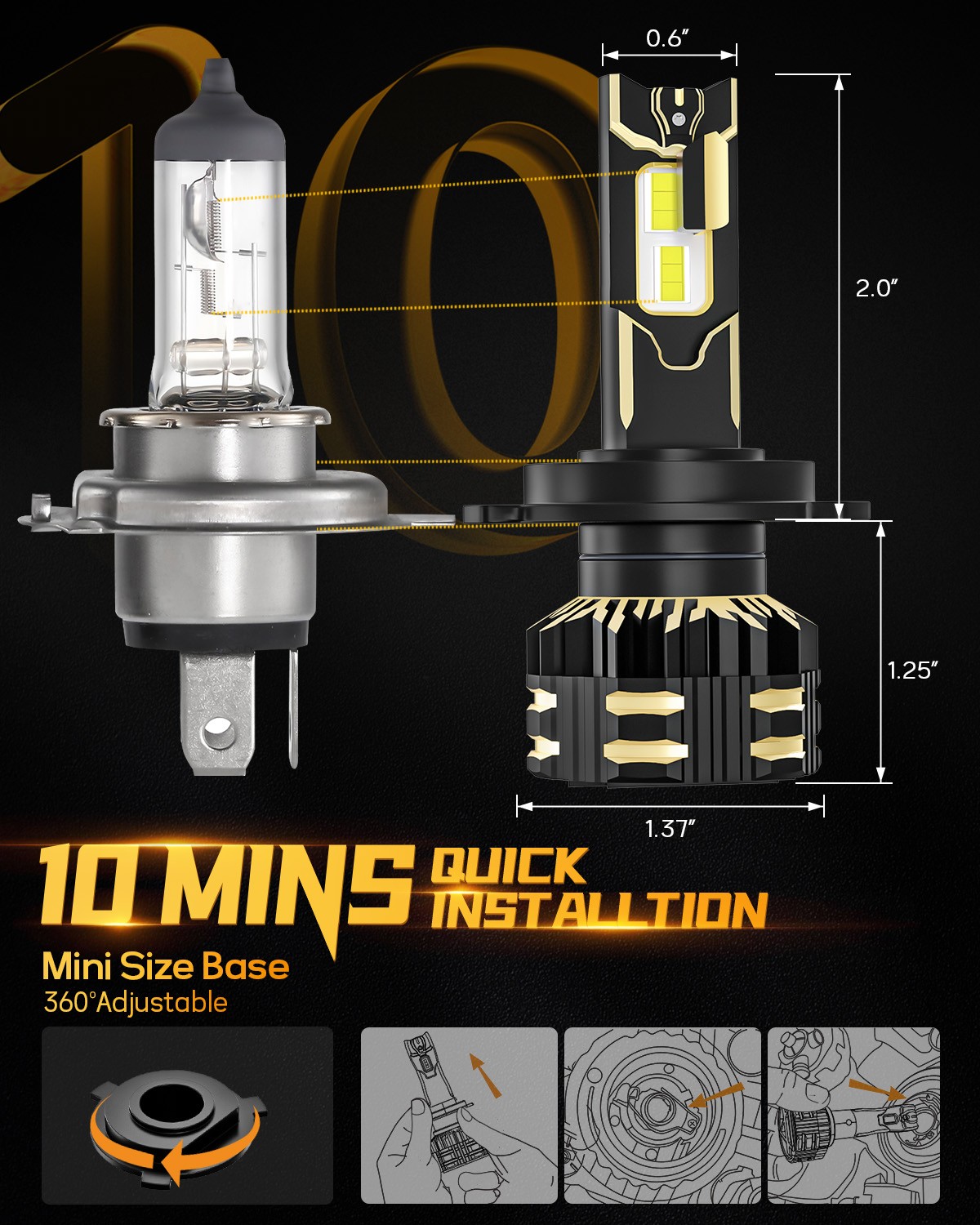 AUXBEAM GX H4 9003 HB2 Canbus LED Headlight Bulbs Hi/Lo Beam Super Bright 6500K