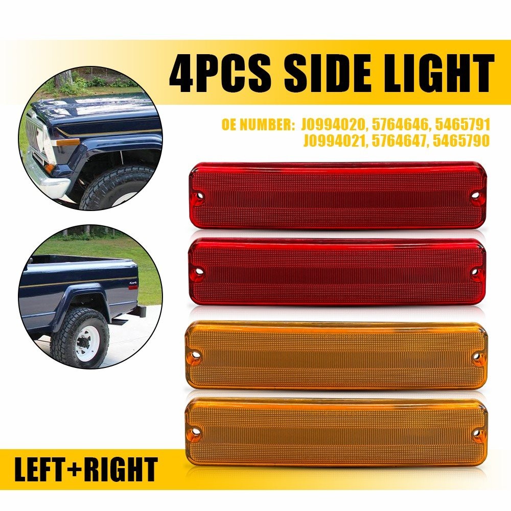 4PC Front Rear Side Marker Light Amber Red Lens For Jeep Cherokee J10 Pickup CJ5