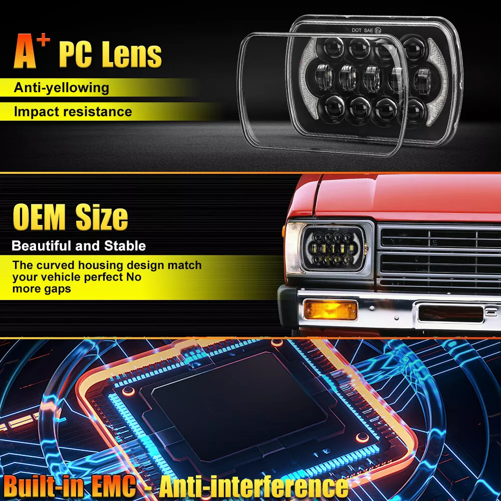 DOT For 1981-1993 Dodge D150 D250 D350 Pickup 7×6″ LED Headlights Hi/Lo Beam DRL