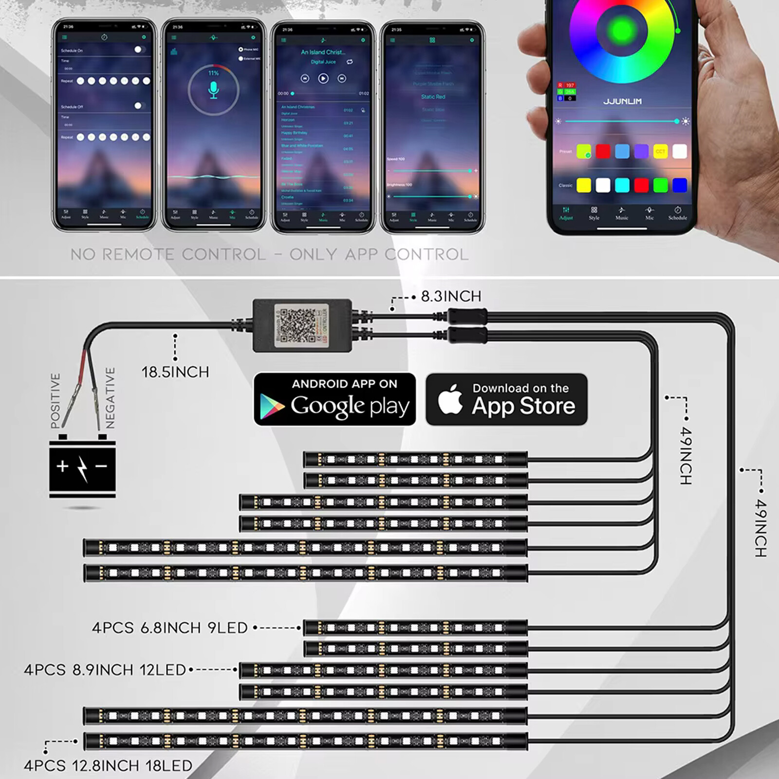 12V Motorcycle Car RGB APP Atmosphere Light Flexible Waterproof Sound Control