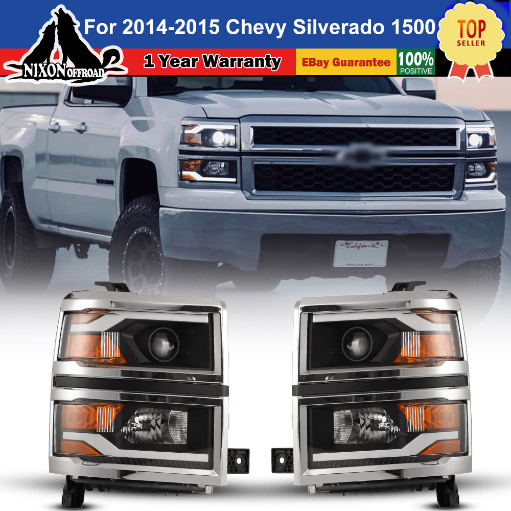 LED Projector Headlights For 2014 2015 Chevy Silverado 1500 Chrome Frame Pair