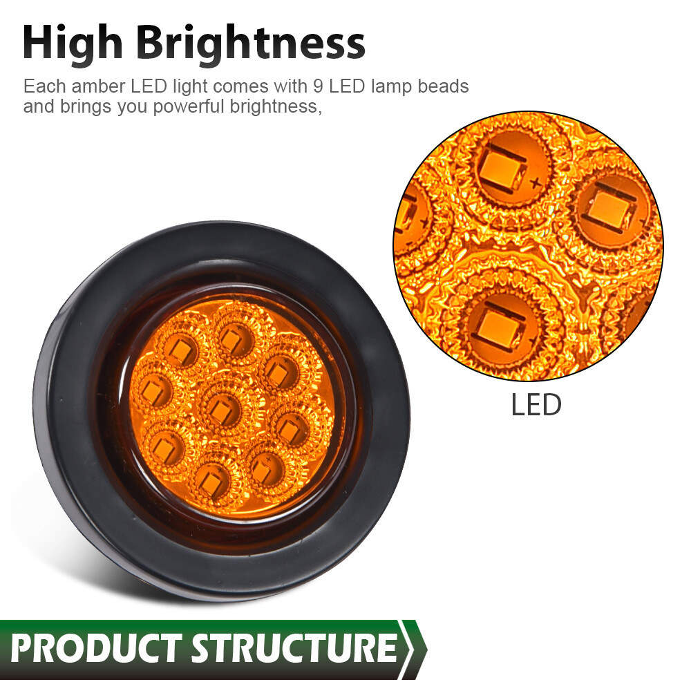 2x Amber 2″ Inch Round 9 LED Side Marker Clearance Lights Truck Trailer Lamp 12V