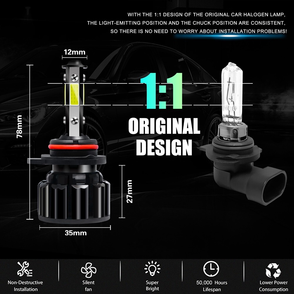 4-sides 9012 LED Headlight Bulbs kit Hign Low Beam 6000K Super Bright 330000lm