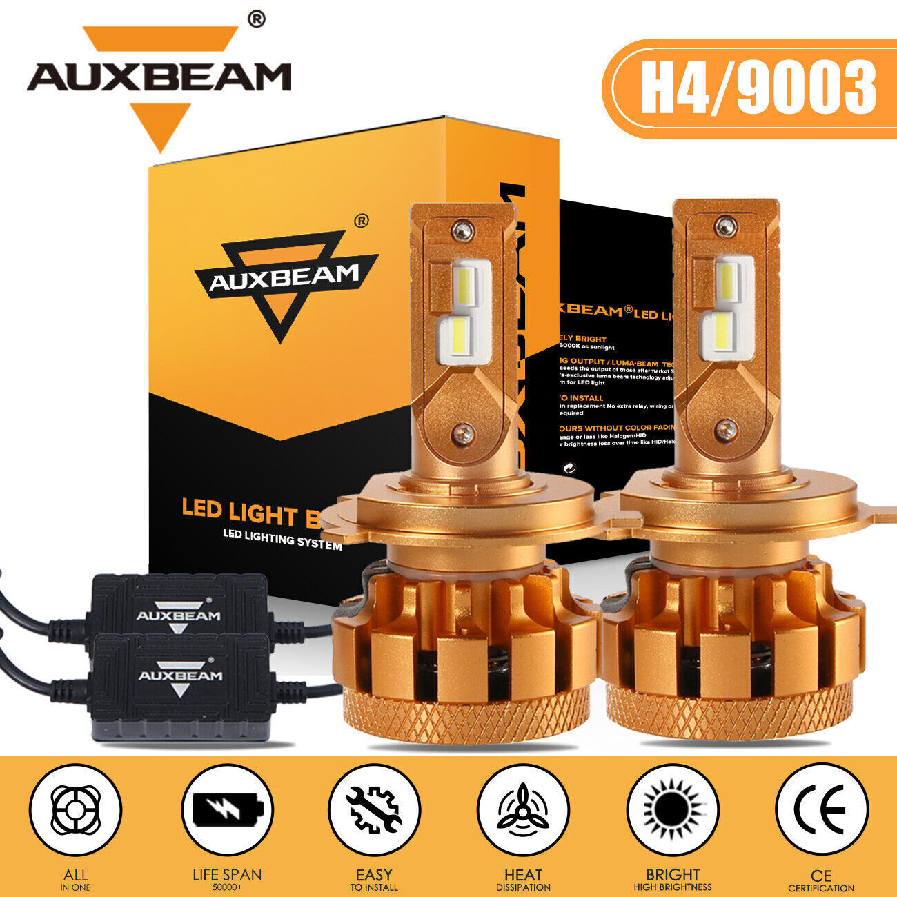 AUXBEAM 9003 H4 LED Headlight Bulbs Kit High-Low Beam 70W 18000LM 6000K White