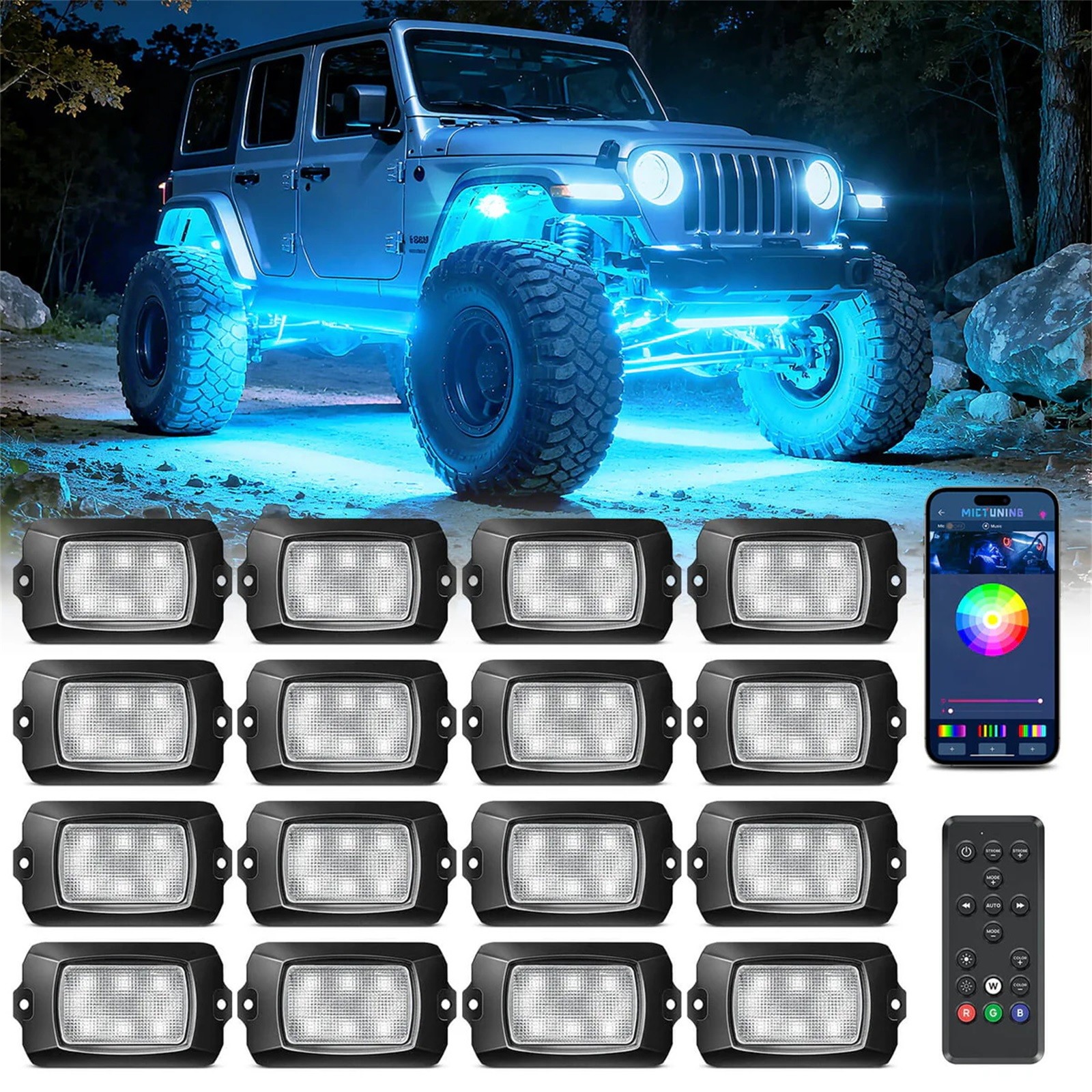 MICTUNING Rock Lights Kit Q1 RGB RGBW LED Off Road Underglow Neon Lamp w/ Remote