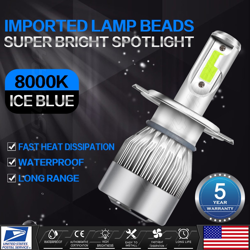 H4 9003 Ice Blue LED Headlight Bulb Conversion Kit High Low Beam 8000K 72000LM