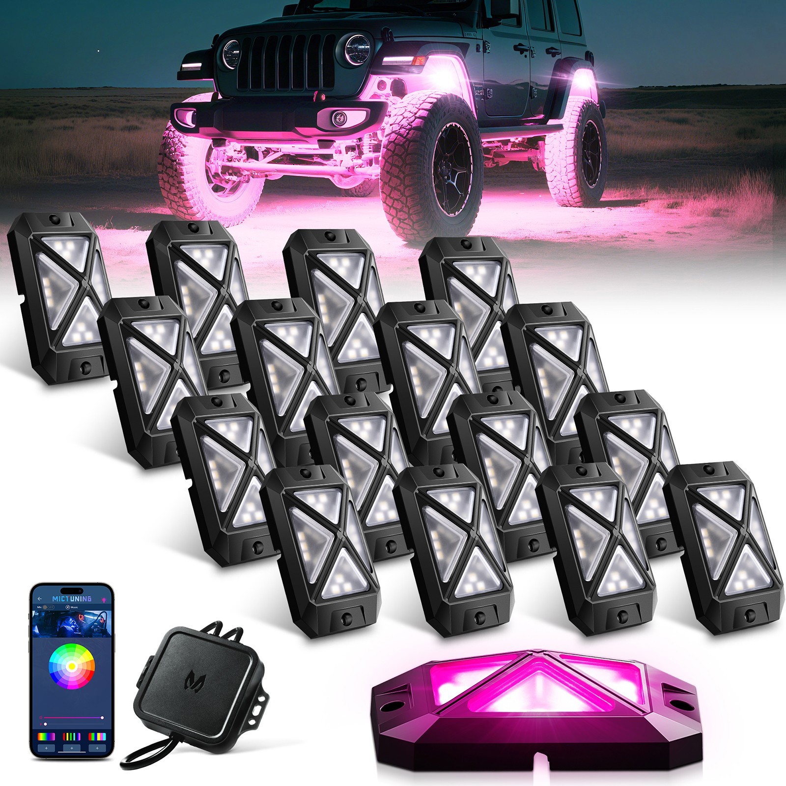 MICTUNING 16 Pods RGBW LED Rock Lights APP Control 4-Side LED Underglow Neon Kit