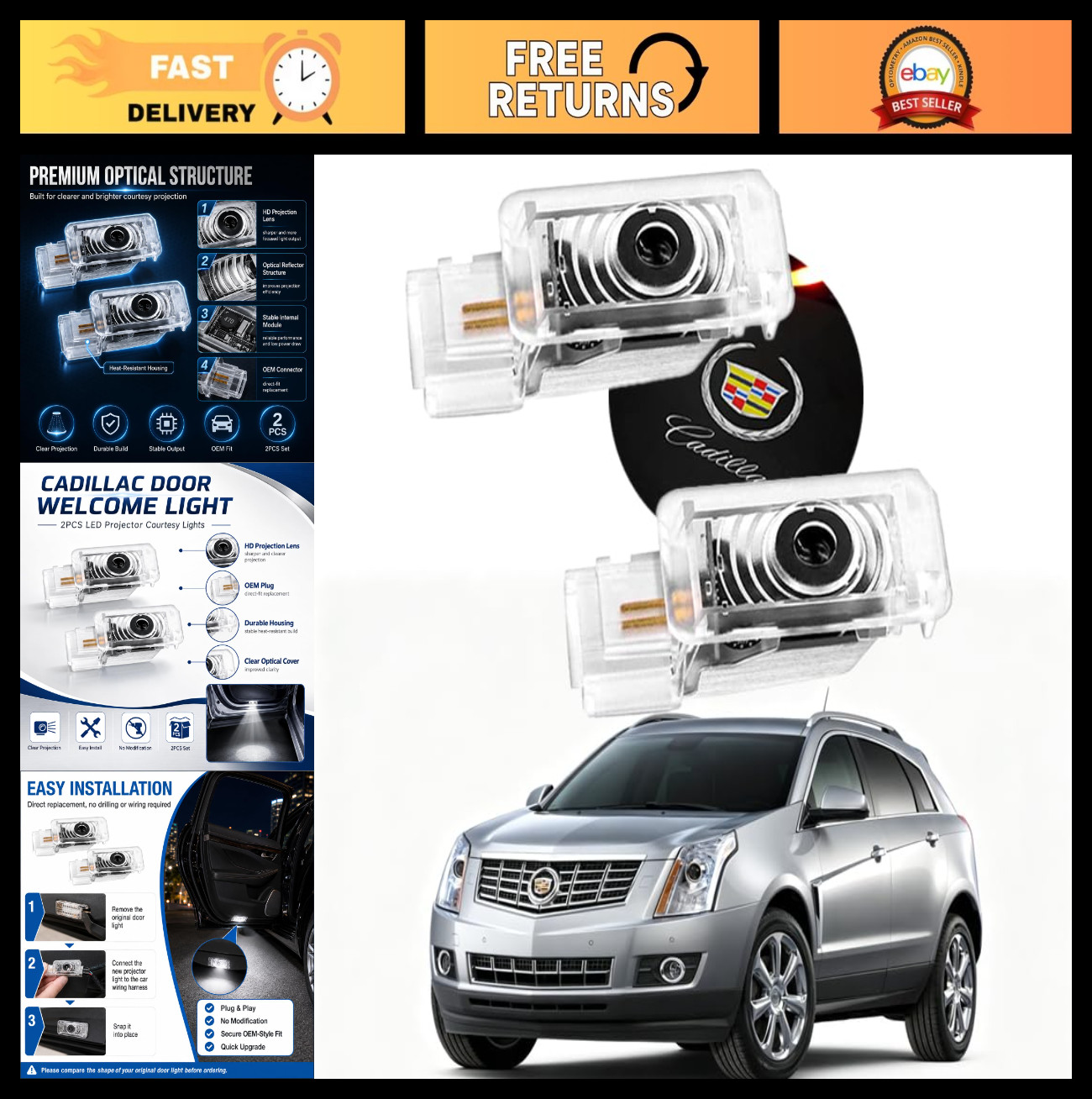 2Pcs LED Car Door Lights Puddle Lights for Cadillac ATS SRX XTS XT4 XT5 XT6, Aut