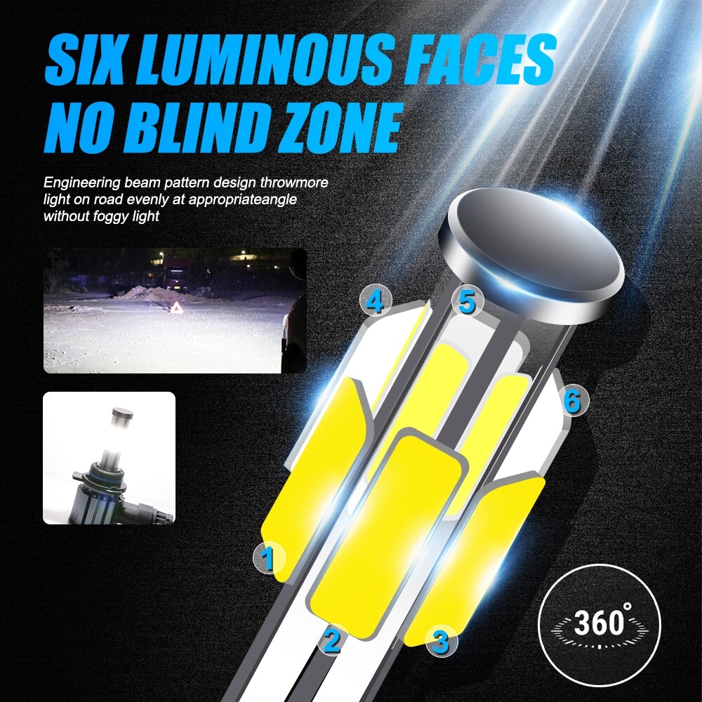 6-sides 9012 HIR2 LED Headlight Bulbs Kit High Low Beam Super Bright 6500K White