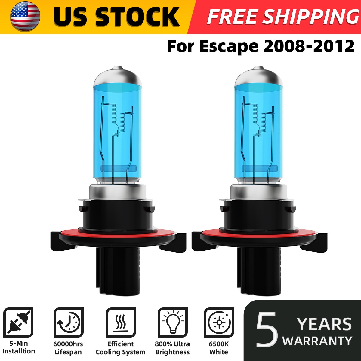 For Ford Escape 2008-2012 H13/9008 Halogen Headlight Bulbs High/Low Beam 6000K