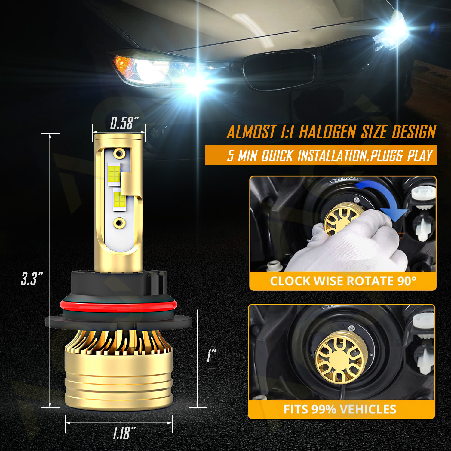 AQJ 2x 9007 HB5 LED Headlight Bulbs Kit High Low Beam 6000K 35000LM Canbus