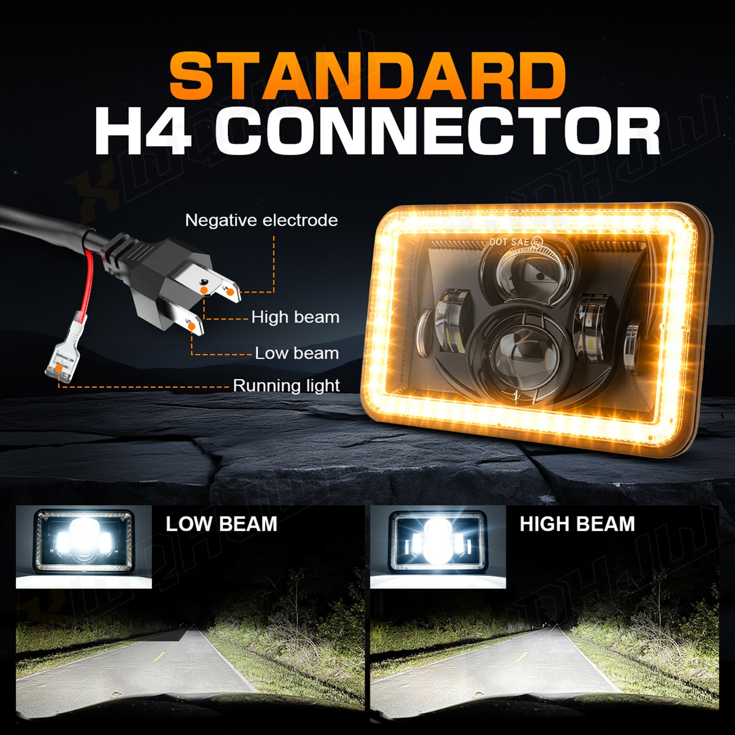 4×6 LED Square Headlights IP68 Waterproof Hi Lo Beam Pair