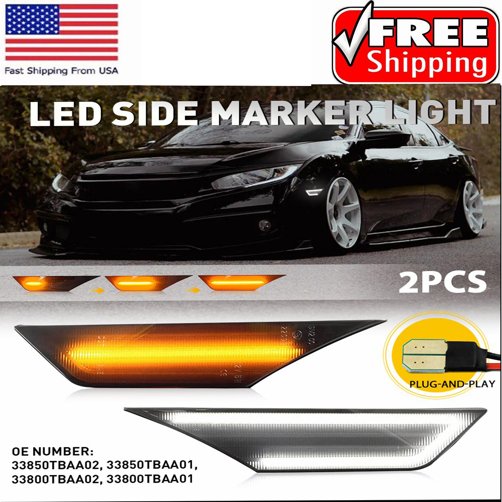 Smoked Side Marker Lamp Turn Signal Light W/ LED Bulbs for Honda Civic 2016-2021
