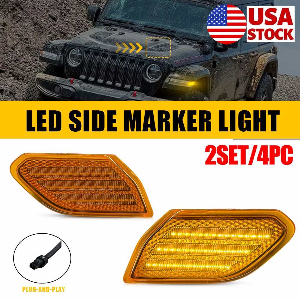 4PC Front Fender LED Side Marker Light Amber For 18+ Jeep Wrangler JL/Gladiator