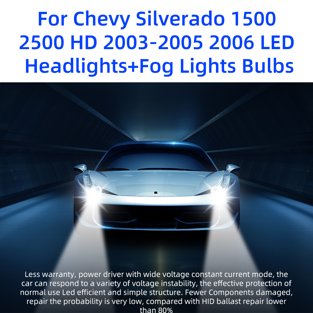 IP68 Waterproof For Chevy 2003-2005 2006 6000k LED Headlights+Fog Light Bulbs US