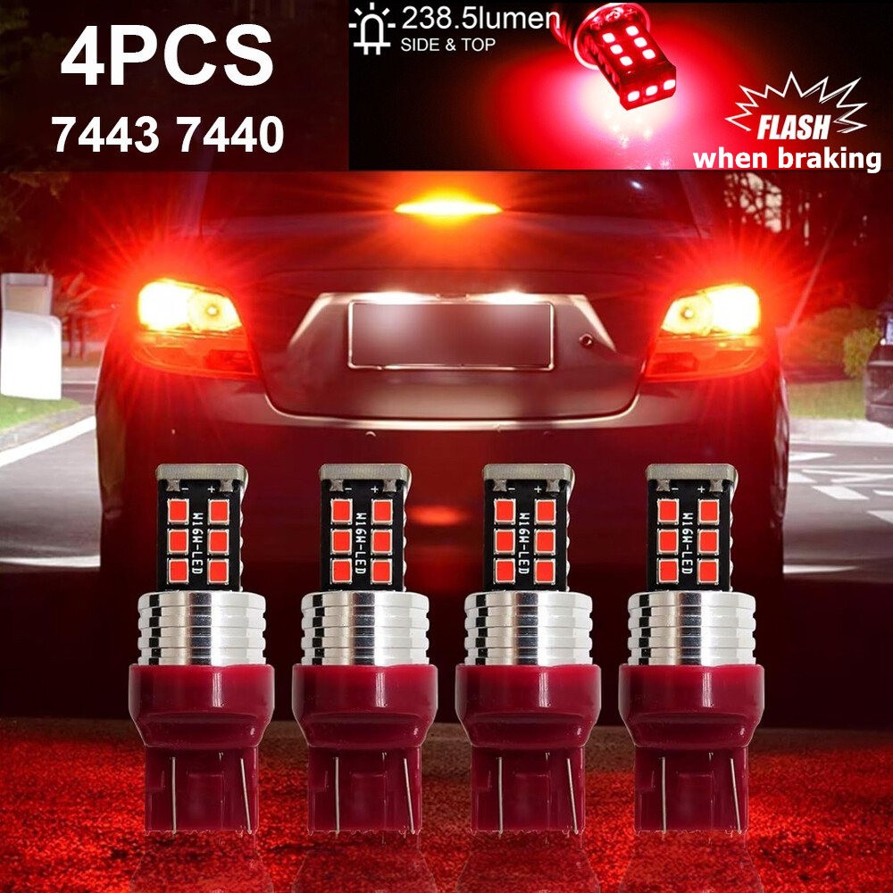 4pcs 7443 7440 LED Red Strobe Flash Blinking Brake Stop Tail Parking Light Bulbs