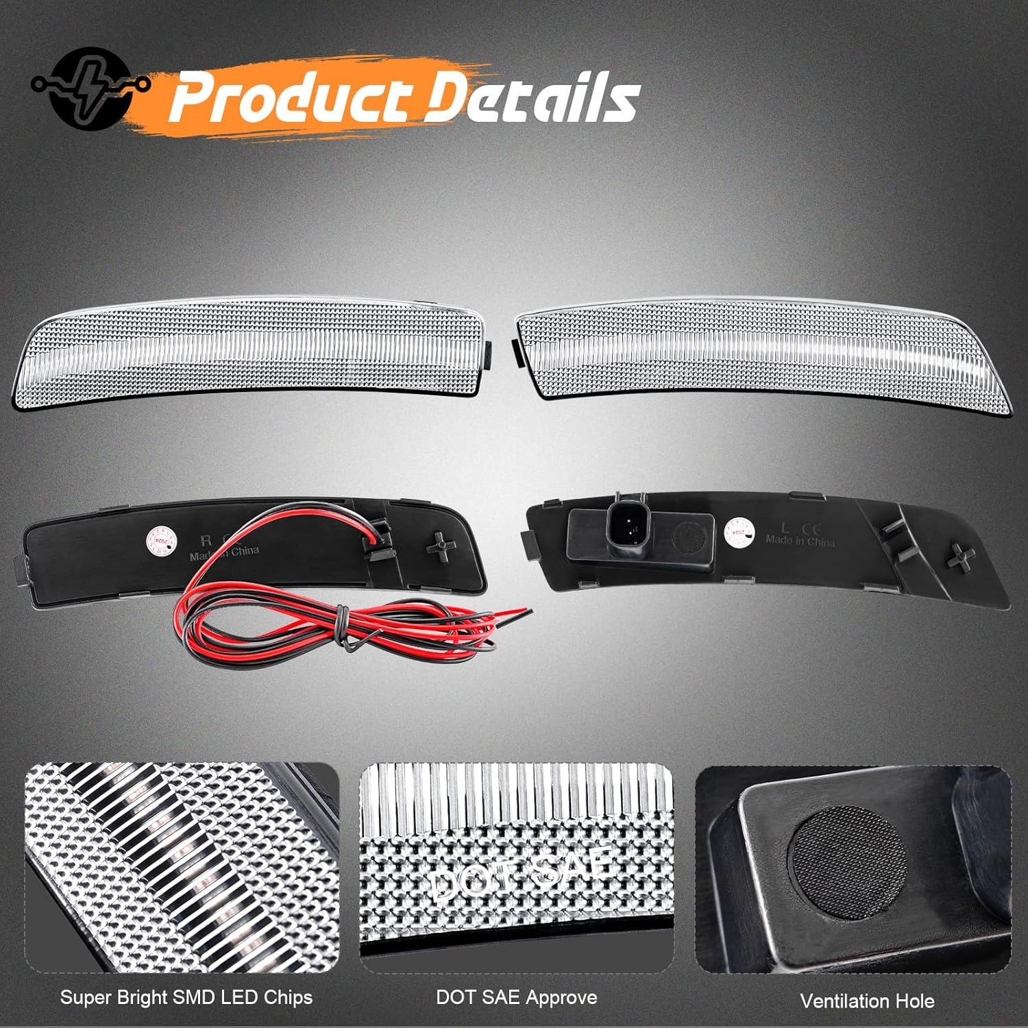 4pc Set Clear Lens Amber/Red Full LED Side Marker Lights For Ford Mustang Mach-E