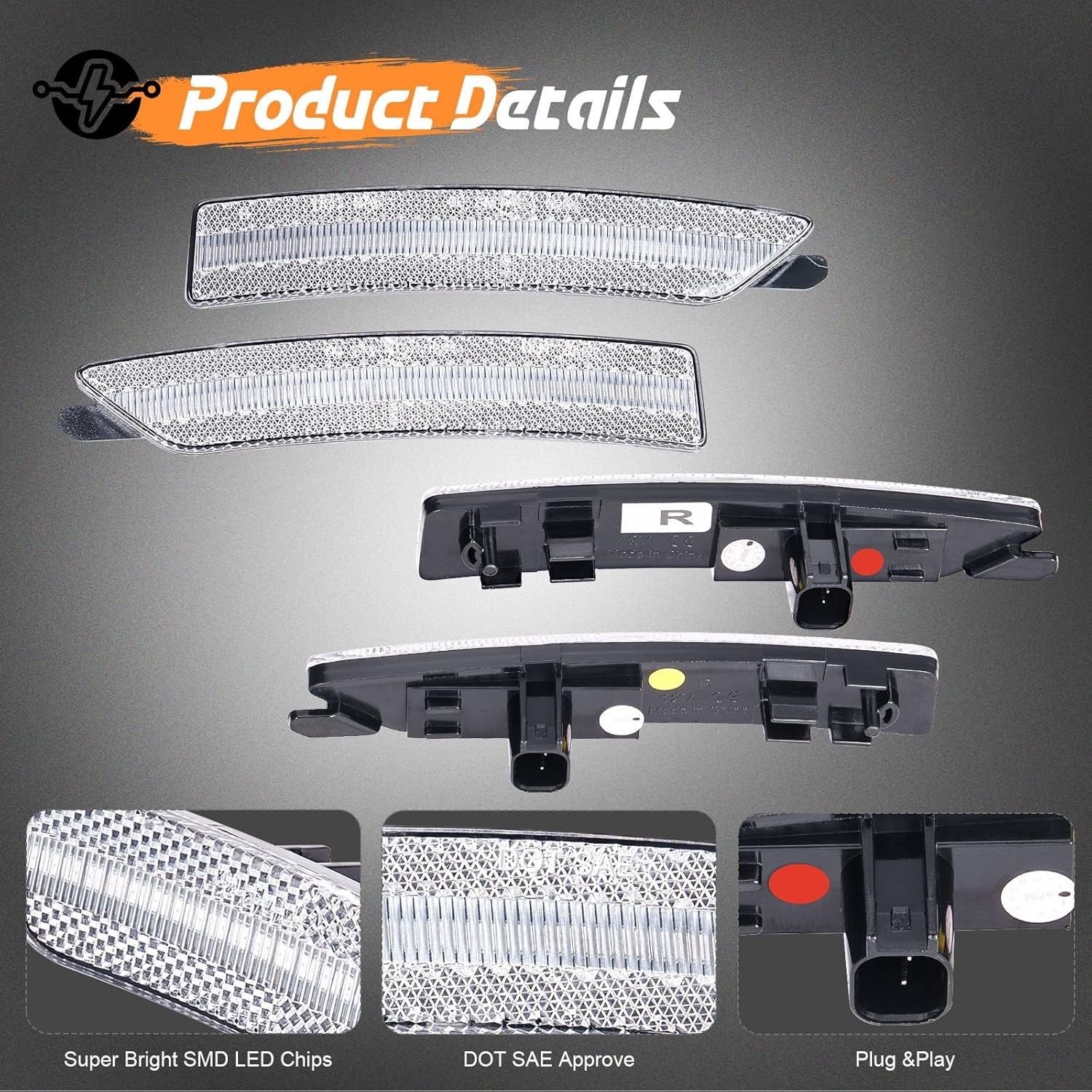 4pc Set Clear Lens Amber/Red Full LED Side Marker Lights For Ford Mustang Mach-E